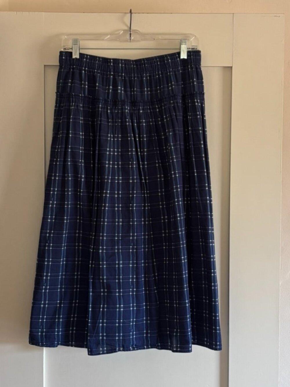 Madewell SMALL Midi Skirt in Shibori Indigo Plaid navy blue & white 100% cotton - Picture 5 of 10